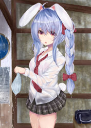 Rule 34 | 1girl, alternate costume, animal ear fluff, animal ears, blue hair, breasts, brown eyes, commentary request, hair between eyes, hair ribbon, hololive, long hair, looking at viewer, medium breasts, mizuki haruka, multicolored hair, open mouth, rabbit ears, rabbit girl, rabbit tail, rain, ribbon, school uniform, signpost, solo, standing, thick eyebrows, uniform, usada pekora, virtual youtuber, wet, wet clothes