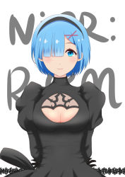 Rule 34 | 10s, 1girl, absurdres, arms behind back, bad id, bad pixiv id, black dress, blue eyes, blue hair, breasts, character name, cleavage, cleavage cutout, clothing cutout, cosplay, dress, feather-trimmed sleeves, hair ornament, hair over one eye, hairband, hairclip, highres, looking at viewer, medium breasts, nier:automata, nier (series), patterned clothing, re:zero kara hajimeru isekai seikatsu, rem (re:zero), short hair, smile, solo, upper body, white background, x hair ornament, 2b (nier:automata) (cosplay)