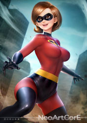 Rule 34 | 1girl, artist name, black gloves, black thighhighs, bodysuit, breasts, brown eyes, brown hair, building, city, domino mask, elastigirl, elbow gloves, gloves, helen parr, lips, mask, medium breasts, neoartcore, nose, outdoors, shiny clothes, short hair, signature, skin tight, smile, solo, spandex, squatting, superhero costume, the incredibles, thighhighs, thighs