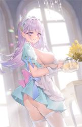 Rule 34 | 1girl, apron, ass, azur lane, bikini, breasts, cirilla lin, cowboy shot, dress, eyes visible through hair, frilled hairband, frilled sleeves, frills, grin, hairband, highres, holding, large breasts, long hair, looking at viewer, maid, maid headdress, parted lips, plymouth (azur lane), puffy short sleeves, puffy sleeves, purple eyes, purple hair, short sleeves, sidelocks, smile, solo, swimsuit, thighhighs, white apron, white bikini, white hairband, white thighhighs