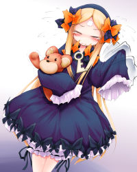 Rule 34 | 1girl, abigail williams (fate), afterimage, anbee (arary), blonde hair, bloomers, blue hairband, blush, bow, bug, butterfly, closed eyes, dress, dutch angle, embarrassed, facial mark, fate/grand order, fate (series), female focus, flying sweatdrops, forehead mark, gradient background, hair bow, hairband, hands up, have to pee, highres, holding, insect, key, legs together, long hair, long sleeves, open mouth, orange bow, polka dot, polka dot bow, purple bow, purple dress, simple background, sleeves past fingers, sleeves past wrists, solo, standing, stuffed animal, stuffed toy, sweat, tears, teddy bear, trembling, underwear, very long hair, white background, white bloomers