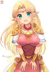 Rule 34 | 1girl, :d, aqua eyes, artist logo, artist name, bead necklace, beads, blonde hair, breasts, chinchongcha, circlet, collarbone, commentary, dress, english commentary, gold trim, highres, jewelry, leaning forward, light particles, long bangs, long hair, long pointy ears, looking at viewer, medium breasts, necklace, nintendo, open mouth, pink dress, pointy ears, princess zelda, short sleeves, smile, solo, teeth, the legend of zelda, the legend of zelda: a link between worlds, triforce earrings, upper teeth only