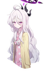 Rule 34 | 1girl, absurdres, ahoge, bags under eyes, blue archive, collarbone, cropped legs, demon horns, dress, grey hair, hair between eyes, halo, highres, hina (blue archive), hina (pajamas) (blue archive), horns, jacket, loloco, long hair, long sleeves, looking at viewer, looking to the side, official alternate costume, pink dress, pink eyes, polka dot, polka dot dress, simple background, solo, very long hair, white background, yellow jacket