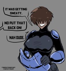 Rule 34 | 1girl, armor, unworn armor, black bodysuit, black gloves, bodysuit, breastplate, breasts, brown hair, commentary, covered eyes, covered face, deputy rust, english text, gloves, grey background, grin, hair over eyes, highres, huge breasts, impossible bodysuit, impossible clothes, mandalorian, rahab (deputy rust), short hair, shoulder armor, smile, solo focus, speech bubble, star wars, the mandalorian, tomboy, vambraces