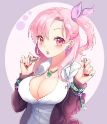Rule 34 | 1girl, artist name, bad id, bad pixiv id, bracelet, breasts, cleavage, earrings, jewelry, large breasts, lipstick, long hair, looking at viewer, makeup, nail polish, necklace, original, parted lips, pink eyes, pink hair, red nails, shirt, solo, tempy (rinsia), upper body, white shirt