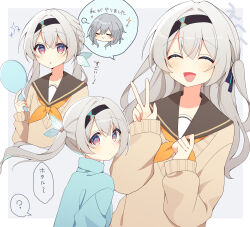 Rule 34 | 2girls, :&gt;, :o, ?, absurdres, black hairband, black serafuku, blue jacket, blue pupils, blue ribbon, blush, border, brown sweater, closed eyes, closed mouth, firefly (honkai: star rail), grey background, grey hair, hair intakes, hair ribbon, hairband, hand on own chest, hand up, highres, holding, holding mirror, honkai: star rail, honkai (series), jacket, long hair, looking at viewer, low twintails, mirror, multiple girls, multiple views, neckerchief, orange neckerchief, outside border, pink eyes, ponytail, ribbon, school uniform, serafuku, simple background, smile, sparkle, spoken character, spoken question mark, stelle (honkai: star rail), sweater, trailblazer (honkai: star rail), twintails, two side up, uwasewau, v-neck, w, white border