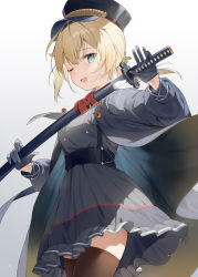 Rule 34 | 1girl, ;d, blonde hair, blue eyes, brown thighhighs, cowboy shot, dress, gloves, hana mori, hat, highres, holding, holding sheath, holding sword, holding weapon, hololive, jacket, kazama iroha, long sleeves, looking at viewer, one eye closed, open clothes, open jacket, open mouth, ponytail, puffy long sleeves, puffy sleeves, sheath, smile, solo, standing, sword, thighhighs, unsheathing, virtual youtuber, weapon