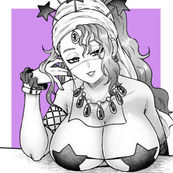 Rule 34 | 1girl, bad id, bad pixiv id, bracelet, breasts, giga omega, hairband, headdress, jewelry, jojo no kimyou na bouken, long hair, medium breasts, midler, monochrome, mouth veil, necklace, pasties, ponytail, revealing clothes, solo, star pasties, stardust crusaders, transparent, veil