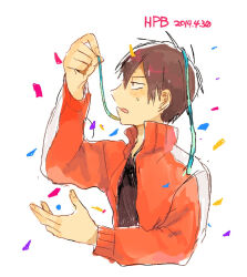 Rule 34 | 1boy, aqua ribbon, black eyes, black hair, black shirt, casual, collared jacket, commentary request, cropped torso, dated, fingernails, from side, gradient ribbon, hair between eyes, hand up, happy birthday, jacket, kagerou project, kisaragi shintarou, looking at object, looking to the side, male focus, open clothes, open jacket, open mouth, popped collar, profile, red jacket, ribbon, shirt, short hair, simple background, single vertical stripe, solo, sweat, t-shirt, track jacket, upper body, wastegoma, white background, white stripes, yellow ribbon