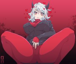 Rule 34 | 1girl, absurdres, black horns, black nails, black skirt, breasts, bright pupils, business suit, cameltoe, commentary, covered erect nipples, demon girl, demon horns, english commentary, feet out of frame, formal, heart, heart-shaped pupils, helltaker, highres, horns, huge breasts, looking at viewer, medium hair, messy hair, modeus (helltaker), nail polish, no panties, pantyhose, parted lips, red eyes, red pantyhose, red sweater, ribbed sweater, rilima, signature, skirt, skirt suit, solo, spread legs, squatting, suit, sweater, swept bangs, symbol-shaped pupils, thick thighs, thighs, turtleneck, turtleneck sweater, white hair, white pupils