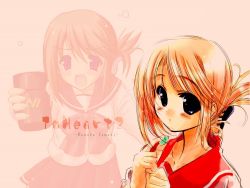 Rule 34 | 00s, 1girl, :o, blonde hair, blue eyes, blush, collarbone, cup, flying sweatdrops, folded ponytail, holding, komaki manaka, looking at viewer, parted lips, school uniform, solo, to heart (series), to heart 2, wallpaper