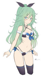 Rule 34 | 10s, 1girl, adapted costume, bare shoulders, bikini, black ribbon, black thighhighs, blue eyes, blue neckerchief, breasts, cleavage, dan (kumadan), dated, green hair, hair between eyes, hair ornament, hair ribbon, hairclip, kantai collection, long hair, neckerchief, ribbon, simple background, sketch, solo, swimsuit, thighhighs, unfinished, white background, yamakaze (kancolle)