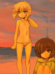 Rule 34 | 2girls, am isuel, beach, crook morphus, female focus, hair over one eye, hood, hoodie, jacket, multiple girls, non-web source, one-piece swimsuit, orion (orionproject), outdoors, rance (series), rance quest, rance quest magnum, sitting, standing, sunset, swimsuit, white one-piece swimsuit