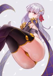 Rule 34 | 1girl, ass, breasts, closed mouth, detached sleeves, earrings, fate/grand order, fate (series), grey background, hair ribbon, highres, jewelry, kama (fate), kama (second ascension) (fate), large breasts, long hair, looking at viewer, petals, purple thighhighs, red eyes, ribbon, sash, silver hair, simple background, solo, thighhighs, thighs, yonkumi (gatling033)