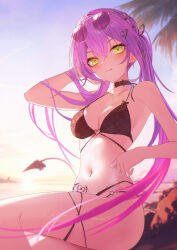 1girl absurdres beach bikini black_bikini black_collar black_tail blurry blurry_background blush breasts collar commentary_request crossed_legs demon_girl demon_tail green_eyes hair_ornament heart heart_hair_ornament highres hololive jiang_ye_kiri long_hair looking_at_viewer medium_breasts ocean purple_hair solo sunset swimsuit tail tokoyami_towa twintails very_long_hair virtual_youtuber