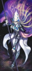Rule 34 | 1boy, armor, blonde hair, blue gemstone, bodysuit, cape, closed eyes, constellation, covered mouth, duel monster, en pointe, fishfall, floating cape, floating hair, full body, gem, gloves, grey footwear, hair between eyes, hat, highres, holding, holding staff, long hair, long sleeves, male focus, mask, mouth mask, pauldrons, purple cape, reflection, reflective floor, shoulder armor, sky, solo, staff, standing, standing on liquid, standing on one leg, star (sky), stargazer magician, starry sky, vambraces, waist cape, white bodysuit, white gloves, white hat, white mask, wizard hat, yu-gi-oh!
