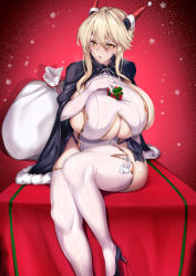 Rule 34 | 1girl, :o, artoria pendragon (fate), artoria pendragon (lancer alter) (fate), black cloak, black panties, blonde hair, blush, breasts, christmas, christmas present, cloak, curvy, fate/grand order, fate (series), gift, gloves, hat, highres, hirasawa seiji, huge breasts, looking at viewer, panties, platinum blonde hair, red background, revealing clothes, sack, santa costume, santa hat, side-tie panties, sitting, snow print, solo, thick thighs, thighhighs, thighs, underboob, underwear, white gloves, white thighhighs, yellow eyes