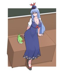 Rule 34 | 1girl, :3, blue dress, blue hair, bow, breasts, chalkboard, cleavage, collarbone, covered navel, dress, footwear ribbon, hair between eyes, hair bow, hat, highres, horn ornament, horn ribbon, horns, kamishirasawa keine, kamishirasawa keine (hakutaku), large breasts, long hair, looking at viewer, mata (matasoup), narrow waist, on table, puffy short sleeves, puffy sleeves, red eyes, ribbon, sexually suggestive, short sleeves, sitting, smile, sukusuku hakutaku, table, touhou