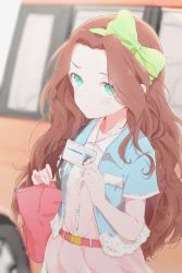 Rule 34 | 1girl, bad id, bad twitter id, bag, belt, blue jacket, bow, brown hair, car, card, closed mouth, commentary, dress, e sky rugo, from above, green bow, green eyes, hair bow, highres, idolmaster, idolmaster cinderella girls, jacket, kusakabe wakaba, long hair, motor vehicle, pink dress, raised eyebrows, solo, sweatdrop, vehicle, wavy hair