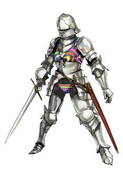 Rule 34 | 1girl, absurdres, armor, bikini, chainmail, armor under clothes, commentary, full body, helmet, highres, holding, holding sword, holding weapon, layered clothes, original, plate armor, scabbard, sheath, solo, swimsuit, sword, twinpoo, weapon, white background, you&#039;re doing it wrong