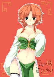 Rule 34 | 1girl, absurdres, alternate costume, alternate hair length, alternate hairstyle, bare shoulders, braid, breasts, bustier, clothing cutout, clover (lapis lazure), curvy, detached sleeves, eyebrows, frills, green eyes, hand on own chest, highres, hong meiling, large breasts, looking at viewer, messy hair, navel, navel cutout, pantyhose, pointy ears, red background, red hair, short hair, solo, touhou, translation request, twin braids