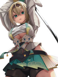 Rule 34 | 1girl, absurdres, alternate breast size, bike shorts, bike shorts under skirt, blonde hair, breasts, chest sarashi, disgust, fingerless gloves, from below, glaring, gloves, green eyes, haori, highres, hololive, japanese clothes, katana, kazama iroha, large breasts, long hair, looking at viewer, looking down, micon, open mouth, ponytail, sarashi, scowl, shaded face, shrug (clothing), simple background, solo, standing, sword, underboob, virtual youtuber, weapon