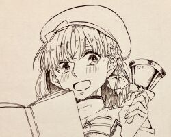 Rule 34 | 1girl, bell, beret, blush, book, bow, braid, commentary request, hair bow, hat, highres, holding, holding bell, kashikaze, love live!, love live! sunshine!!, medium hair, nib pen (object), open book, open mouth, pen, side braid, solo, takami chika, upper body