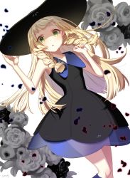 Rule 34 | 1girl, absurdres, black dress, black hat, blonde hair, blush, braid, collared dress, commentary, creatures (company), dress, eyelashes, flower, game freak, green eyes, hand on headwear, hands up, hat, highres, lillie (pokemon), long hair, looking at viewer, nintendo, parted lips, pokemon, pokemon sm, see-through, shi mohaji, sleeveless, sleeveless dress, solo, sun hat, sundress, symbol-only commentary, twin braids
