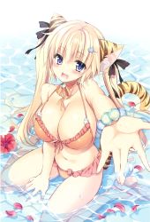 Rule 34 | 1girl, absurdres, animal ears, bikini, blonde hair, blush, breasts, cat ears, cat girl, cat tail, choker, cleavage, fang, female focus, flower, hairpins, happy, highres, jewelry, large breasts, long hair, looking at viewer, navel, purple eyes, ribbon, sandals, sanshoku amido, sitting, smile, solo, swimsuit, tail, tiger ears, tiger tail, twintails, water, wet