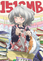 Rule 34 | 1girl, @ @, animal, apron, black serafuku, book, book stack, chiyo maru, commentary request, crying, crying with eyes open, cutting board, fish, fish request, floral print, grey hair, holding, holding animal, holding fish, holding knife, kitchen knife, knife, long sleeves, medium hair, messy hair, open mouth, original, overlapping speech bubbles, pink apron, pink eyes, pleated skirt, print apron, reverse grip, school uniform, serafuku, skirt, solo, speech bubble, tears, too many, too many fish, upper body, v-shaped eyebrows, wide-eyed