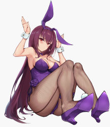Rule 34 | 1girl, animal ears, breasts, fake animal ears, fate/grand order, fate (series), flower, full body, haoni, high heels, highres, leotard, long hair, official alternate costume, pantyhose, playboy bunny, pumps, purple flower, purple footwear, purple hair, purple leotard, rabbit ears, rabbit pose, red eyes, scathach (fate), scathach (piercing bunny) (fate), simple background, sitting, solo, strapless, strapless leotard, very long hair, white background, wrist cuffs
