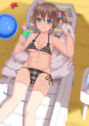 Rule 34 | 1girl, bad id, bad pixiv id, ball, bare arms, bare shoulders, beach, beachball, bendy straw, bikini, blue eyes, blush, breasts, brown hair, chair, collarbone, commentary request, cup, day, drinking glass, drinking straw, feet out of frame, green eyes, grey bikini, grin, groin, hair between eyes, hair ornament, halterneck, holding, holding cup, long hair, looking at viewer, lounge chair, lying, medium breasts, navel, on back, original, outdoors, plaid, plaid bikini, sand, side-tie bikini bottom, side ponytail, smile, solo, star (symbol), star hair ornament, starfish, string bikini, swimsuit, towel, tropical drink, tukino neru, wet