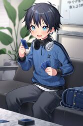 Rule 34 | 1boy, aqua eyes, bag, blue sweater, blush, card, card game, chain, child, headphones, headphones around neck, highres, holding, holding card, kabosudachin, male focus, multicolored hair, original, plant, potted plant, smile, solo, star (symbol), star in eye, sweater, symbol in eye, two-tone hair, whiteboard