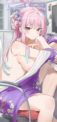 Rule 34 | 1girl, absurdres, bare shoulders, blue archive, blue hair, blurry, blurry background, blush, breasts, commentary request, floral print, from side, gradient hair, hair bun, highres, jsscj, knee up, large breasts, long hair, looking at viewer, mika (blue archive), multicolored hair, off shoulder, pink hair, sideboob, sitting, solo, thighs, very long hair, yellow eyes