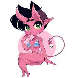 Rule 34 | 1girl, absurdres, arm at side, bikini, blue bikini, breasts, chibi, collarbone, colored skin, commission, crossed legs, demon girl, demon horns, demon tail, dot nose, eyebrows, female focus, full body, green eyes, hand on own face, hand up, highres, horns, looking at viewer, medium breasts, navel, original, pink skin, pointy ears, sachiko shirayuki, short hair, simple background, sitting, smile, solo, striped bikini, striped clothes, swimsuit, tail, white background