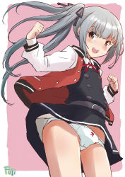 Rule 34 | 1girl, black ribbon, brown eyes, commentary request, cowboy shot, dress, from below, fuji (pixiv24804665), grey hair, highres, jacket, kantai collection, kasumi (kancolle), letterman jacket, long hair, long sleeves, looking at viewer, open clothes, open jacket, open mouth, panties, pinafore dress, red jacket, red ribbon, ribbon, round teeth, shirt, side ponytail, sleeveless dress, smile, solo, teeth, underwear, upper teeth only, white panties, white shirt