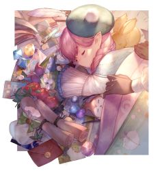 Rule 34 | 1girl, 1other, :o, apple, bag, blanket, bow, braid, braided ponytail, closed eyes, commentary request, crystal, day, final fantasy, final fantasy xiv, food, fruit, glint, green bow, hat, highres, lalafell, long hair, lying, mail, parted lips, photo (object), pink hair, pointy ears, quill, rabbit, scroll, sleeping, sunlight, tsunakawa, upper body, vial, warrior of light (ff14)