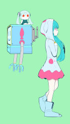 Rule 34 | 2girls, absurdres, aimaina, alternate costume, aqua hair, blue footwear, closed mouth, dress, expressionless, from side, green background, hatsune miku, highres, hood, hooded dress, multicolored clothes, multicolored dress, multiple girls, pink eyes, pinocchio-p, shoes, simple background, solo, standing, vocaloid, yozurina (vocaloid)