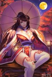 Rule 34 | 10s, 1girl, 2014, absurdres, artist name, autumn, black hair, breasts, brown eyes, cleavage, dated, full moon, hair ornament, hair stick, highres, holding, holding smoking pipe, japanese clothes, kalata, kimono, kiseru, light smile, lips, long hair, looking at viewer, moon, night, night sky, nose, oil-paper umbrella, oiran, original, outdoors, outstretched arm, realistic, signature, sitting, sky, smile, smoking pipe, solo, stone lantern, thighhighs, tree, umbrella, white thighhighs, wide sleeves