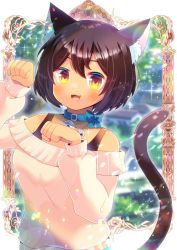 Rule 34 | 1girl, :d, animal ears, bare shoulders, bell, blue bow, blue collar, blurry, blurry background, blush, bow, breasts, brown eyes, brown hair, cat ears, cat girl, cat tail, collar, commentary request, depth of field, fang, hair between eyes, hands up, jewelry, kou hiyoyo, long sleeves, looking at viewer, medium breasts, neck bell, off-shoulder sweater, off shoulder, open mouth, original, paw pose, puffy long sleeves, puffy sleeves, shirt, smile, solo, sweater, tail, tail raised, upper body, white shirt