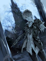 Rule 34 | 10s, 1boy, collarbone, collared shirt, cowboy shot, diabolik lovers, dutch angle, eriya-j, grey hair, highres, jacket, looking at viewer, male focus, mukami ruki, necktie, outdoors, outstretched arm, parted lips, school uniform, shirt, sky, smile, solo, standing, tareme, uniform