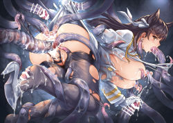 Rule 34 | 1girl, anal, animal ears, anus, ass, atago (azur lane), azur lane, bar censor, black hair, blush, breasts, breasts out, brown eyes, censored, clothes lift, crying, crying with eyes open, cum, cum in mouth, dog ears, embarrassed, feet, fellatio, gloved handjob, gloves, groin, handjob, high heels, highres, kuragetakos, large breasts, large nipples, legs, long hair, military, military uniform, monster, multiple penetration, nipple pull, nipple stimulation, nipple tweak, nipples, oral, panties, pussy, rape, simple background, skirt, skirt lift, tears, tentacles, thighhighs, thighs, torn clothes, torn legwear, torn panties, underwear, uniform, vaginal
