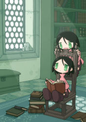 Rule 34 | :&lt;, bad id, bad pixiv id, black hair, book, book stack, bookshelf, box, candle, chair, frown, green eyes, holding, holding book, light, open mouth, original, rug, sitting, smile, turtleneck, window, yamori 511