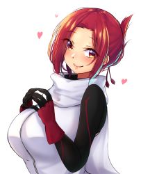 Rule 34 | 1girl, breasts, closed mouth, eyes visible through hair, fingerless gloves, fingers together, folded ponytail, gloves, hands up, heart, heart-shaped pupils, highres, kemurikusa, large breasts, looking at viewer, mistynight, red eyes, red gloves, red hair, rin (kemurikusa), scarf, smile, solo, symbol-shaped pupils, upper body, white scarf