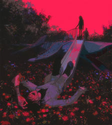 Rule 34 | 1boy, 1other, bandaged arm, bandages, bandaid, bandaid on face, black hair, blood, blood on clothes, covered eyes, dress shirt, eyepatch, fallen down, flower, grass, highres, limited palette, meadow, open mouth, original, outdoors, pink sky, pink theme, playground, rknrk, shirt, shoes, silhouette, single shoe, sky, slide, tree, undershirt