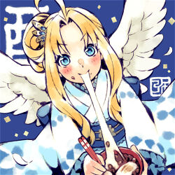 Rule 34 | 1girl, ahoge, alternate costume, blonde hair, blue background, blue eyes, blue kimono, blush, bowl, chopsticks, commentary request, eating, feathered wings, filo (tate no yuusha no nariagari), food, food in mouth, food on face, forehead, highres, holding, holding bowl, holding chopsticks, holding food, japanese clothes, kimono, long hair, long sleeves, looking at viewer, minami seira, multicolored clothes, multicolored kimono, new year, solo, tate no yuusha no nariagari, translation request, upper body, white kimono, white wings, wing hair ornament, wings