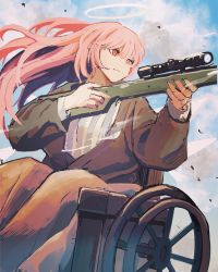 Rule 34 | 1girl, arknights, blanket, blue sky, brown jacket, closed mouth, day, detached wings, energy wings, floating hair, gun, halo, highres, holding, holding gun, holding weapon, jacket, lemuen (arknights), long hair, long sleeves, looking to the side, open clothes, open jacket, outdoors, peppsi (saba sabasuk0), pink hair, red eyes, rifle, shirt, sitting, sky, smile, sniper rifle, solo, striped clothes, striped shirt, vertical-striped clothes, vertical-striped shirt, weapon, wheelchair, wind, wings