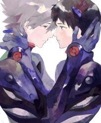 Rule 34 | 2boys, black hair, blue eyes, bodysuit, close-up, closed mouth, en (54650890), evangelion: 3.0 you can (not) redo, expressionless, eye contact, eyelashes, face-to-face, from side, grey hair, hairpods, half-closed eyes, hands on another&#039;s head, hands on another&#039;s neck, hands up, highres, ikari shinji, interface headset, jitome, looking at another, male focus, multiple boys, nagisa kaworu, neon genesis evangelion, pale color, parted lips, plugsuit, profile, purple bodysuit, rebuild of evangelion, red eyes, sad, simple background, upper body, white background, yaoi