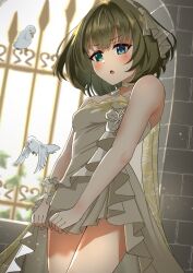 Rule 34 | 1girl, bare shoulders, bird, blue eyes, blurry, blush, breasts, brick wall, chain-link fence, collar, collarbone, cowboy shot, depth of field, detached collar, dot nose, dove, dress, fence, from side, glint, green eyes, green hair, heterochromia, highres, idolmaster, idolmaster cinderella girls, idolmaster cinderella girls starlight stage, jewelry, kamoromance614, looking at another, looking down, medium breasts, miniskirt, mole, mole under eye, necklace, open mouth, plant, short hair, skirt, skirt hold, solo, standing, strapless, strapless dress, sweatdrop, takagaki kaede, v-shaped eyebrows, vines, white collar, white dress