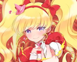 Rule 34 | 1girl, blonde hair, blue eyes, blush, bow, choker, closed mouth, cure miracle (ruby style), earrings, floating hair, gloves, gobou 1000, hair bow, hairband, hat, heart, heart choker, heart earrings, holding hands, jewelry, long hair, looking at viewer, mahou girls precure!, mini hat, pink headwear, portrait, pov, precure, red bow, red choker, red hairband, smile, solo, very long hair, white gloves